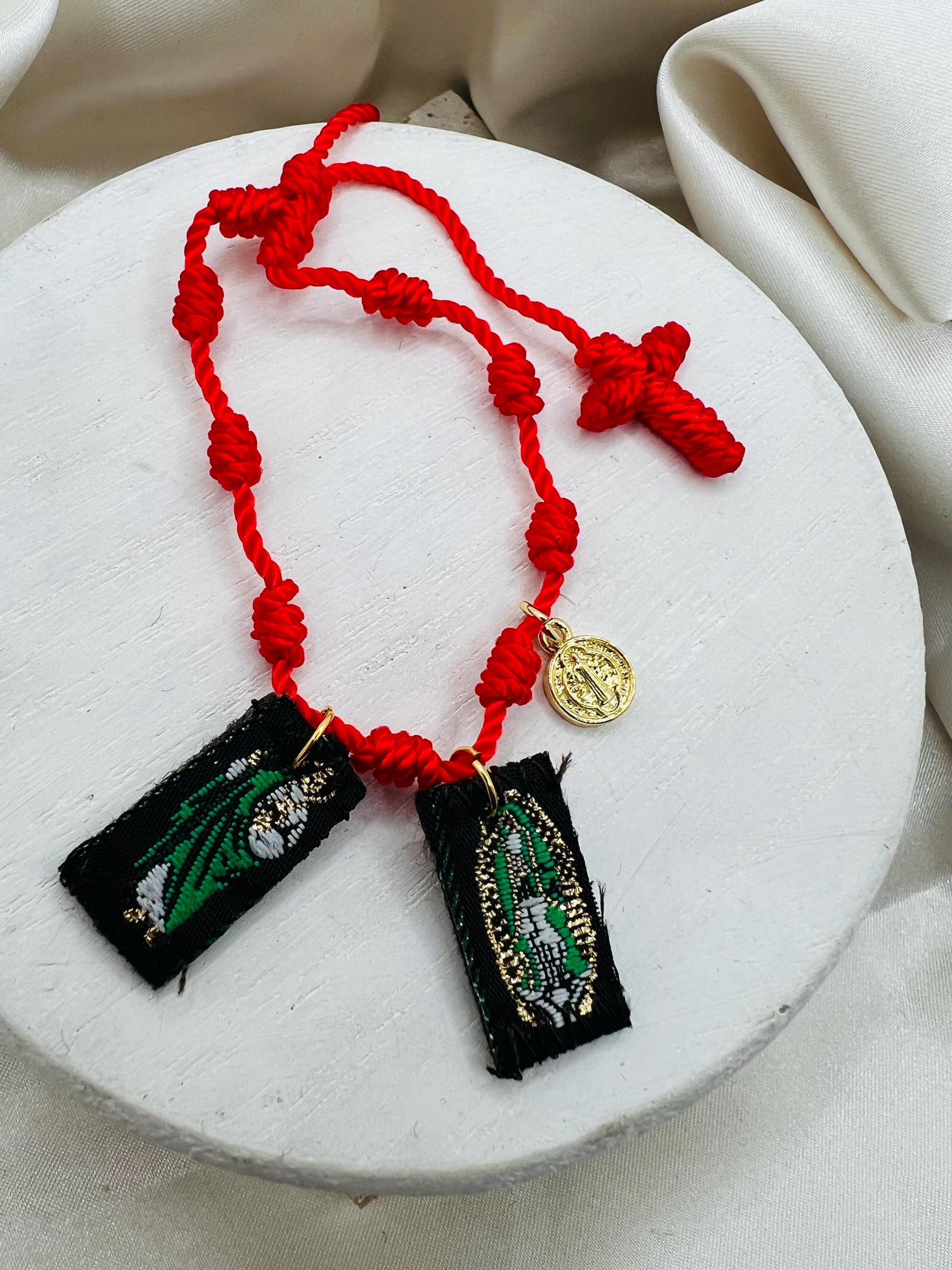 Red 7 Knot Scapular Bracelet with St. Benedict Charm