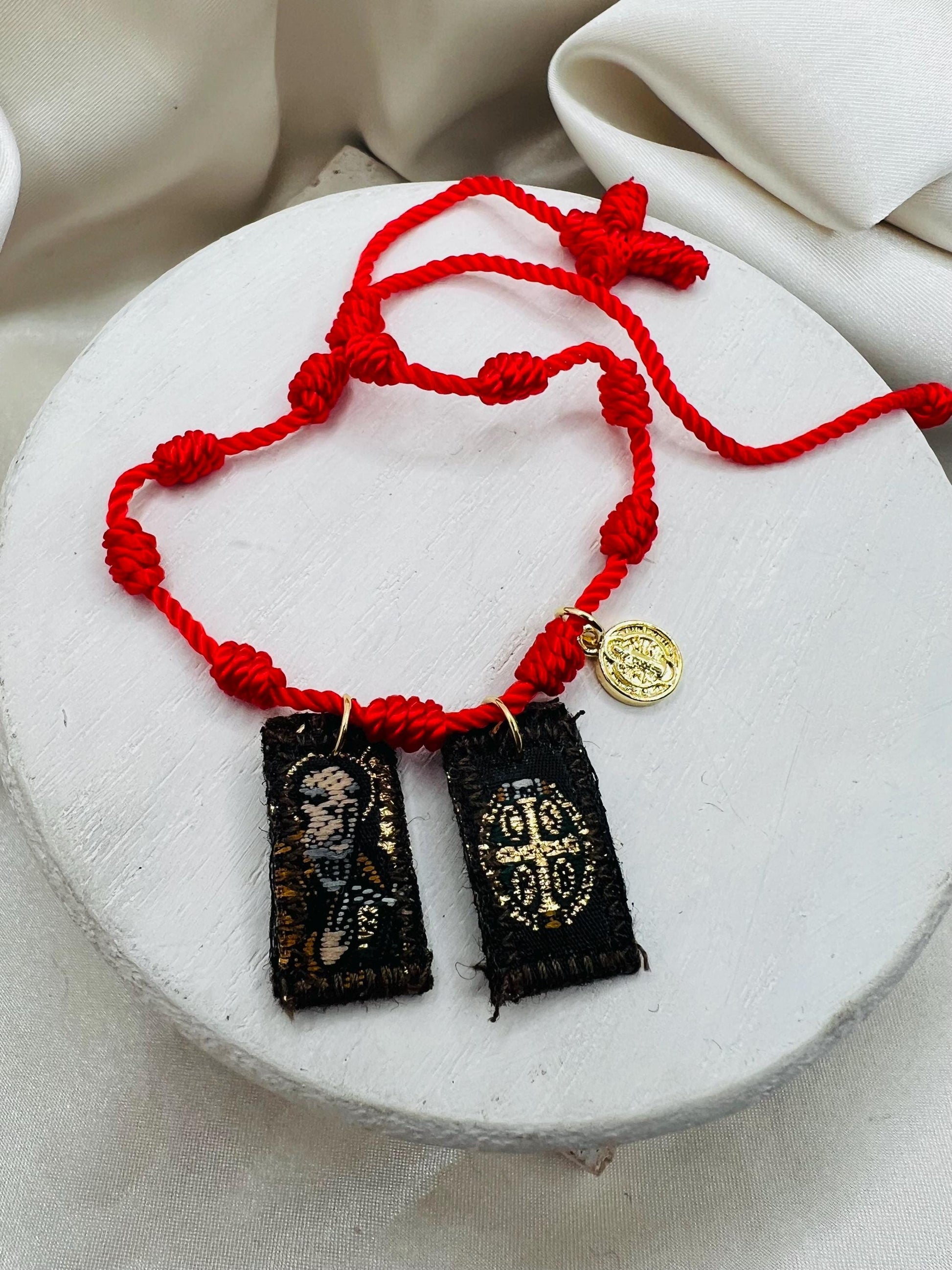 Red 7 Knot Scapular Bracelet with St. Benedict Charm