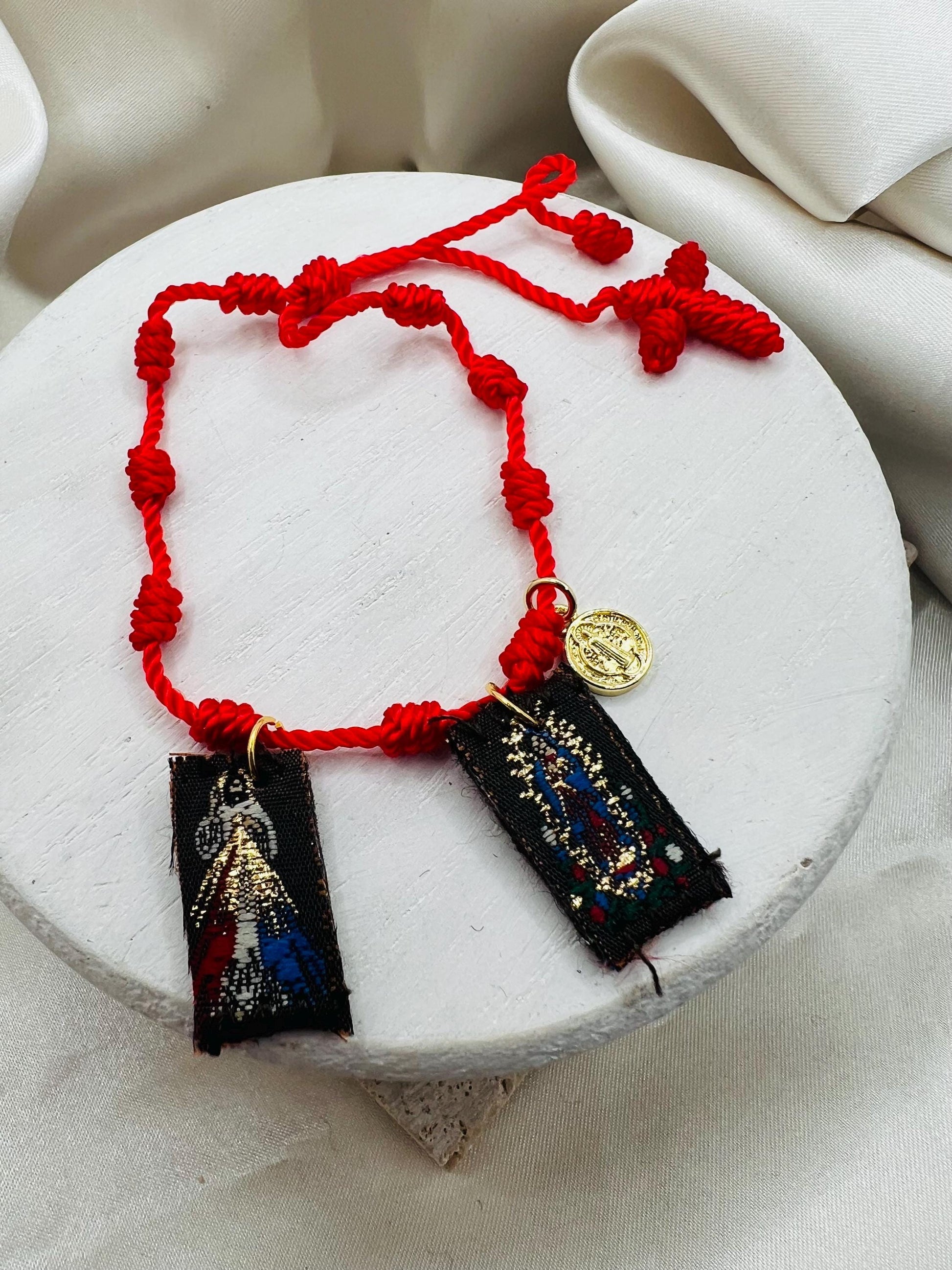 Red 7 Knot Scapular Bracelet with St. Benedict Charm