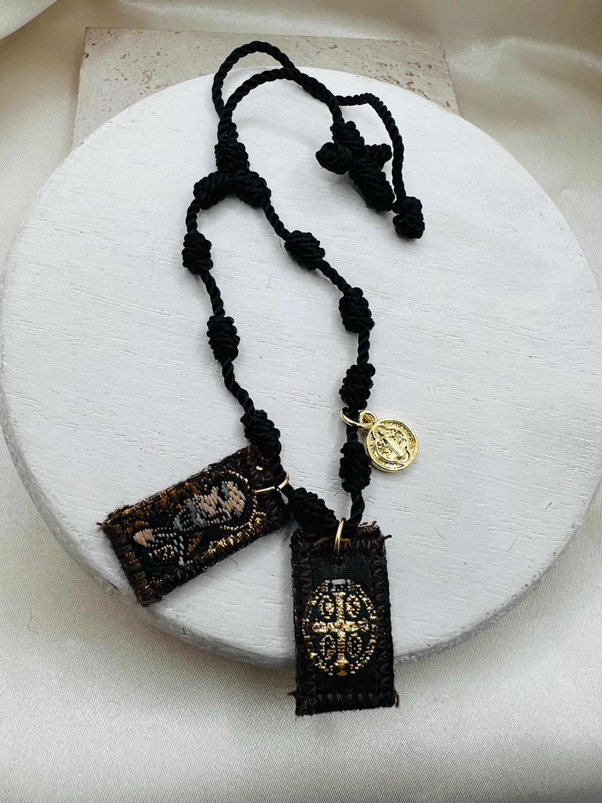 Black 7 knot Scapular Bracelet with St. Benedict charm