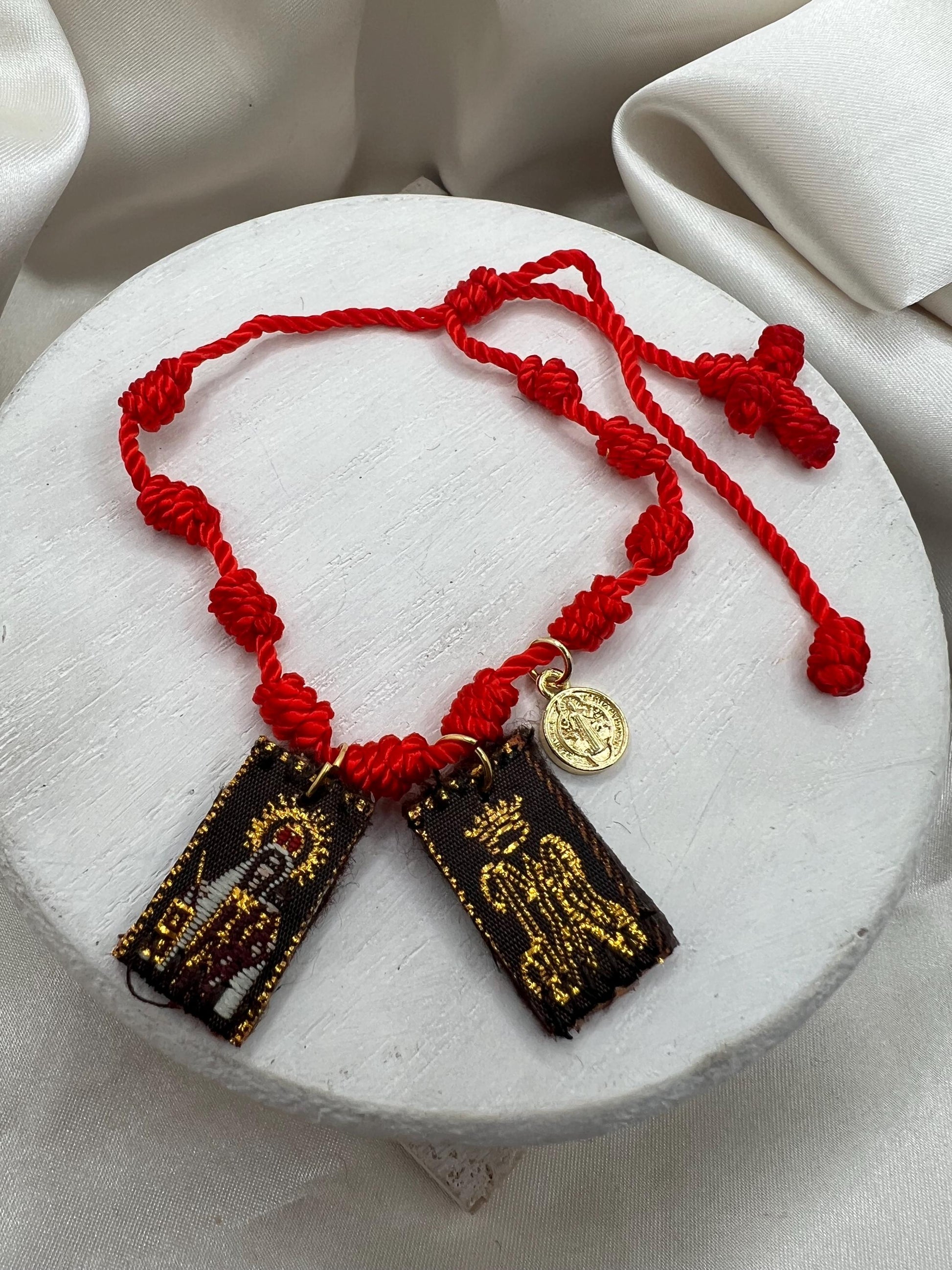 Red 7 Knot Scapular Bracelet with St. Benedict Charm