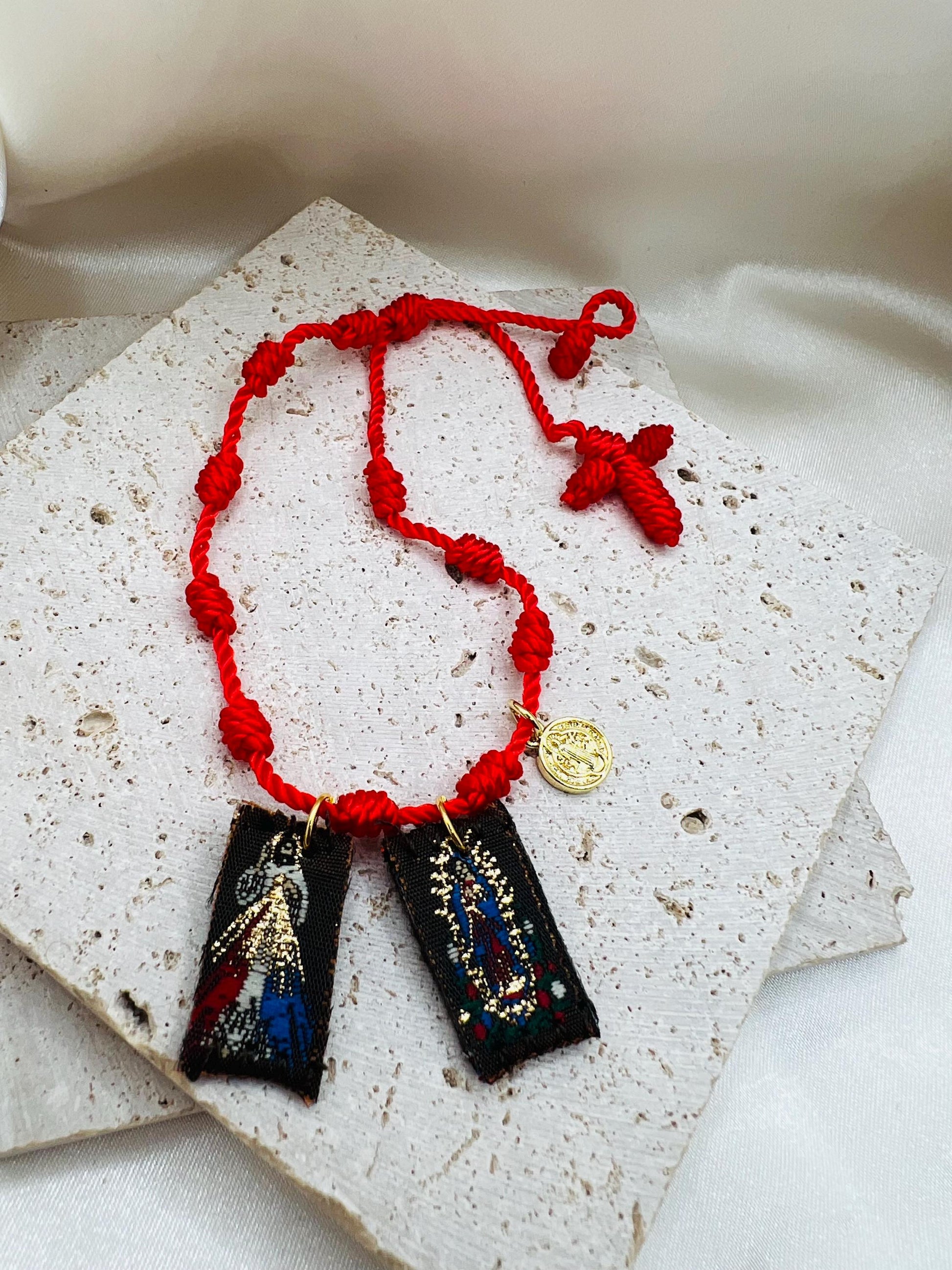Red 7 Knot Scapular Bracelet with St. Benedict Charm