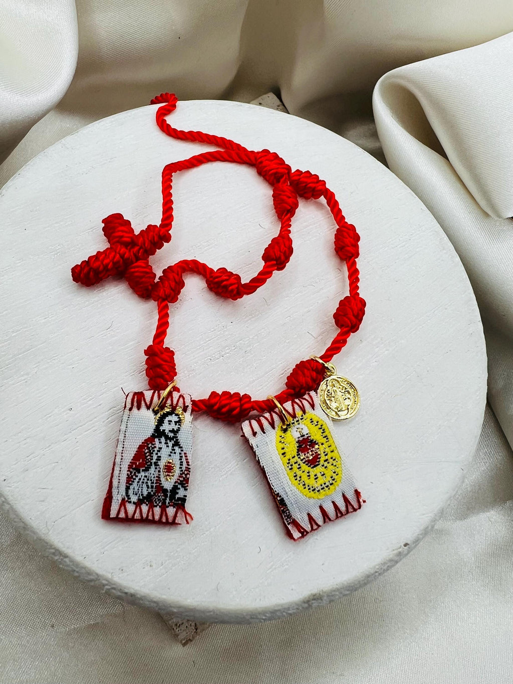 Red 7 Knot Scapular Bracelet with St. Benedict Charm