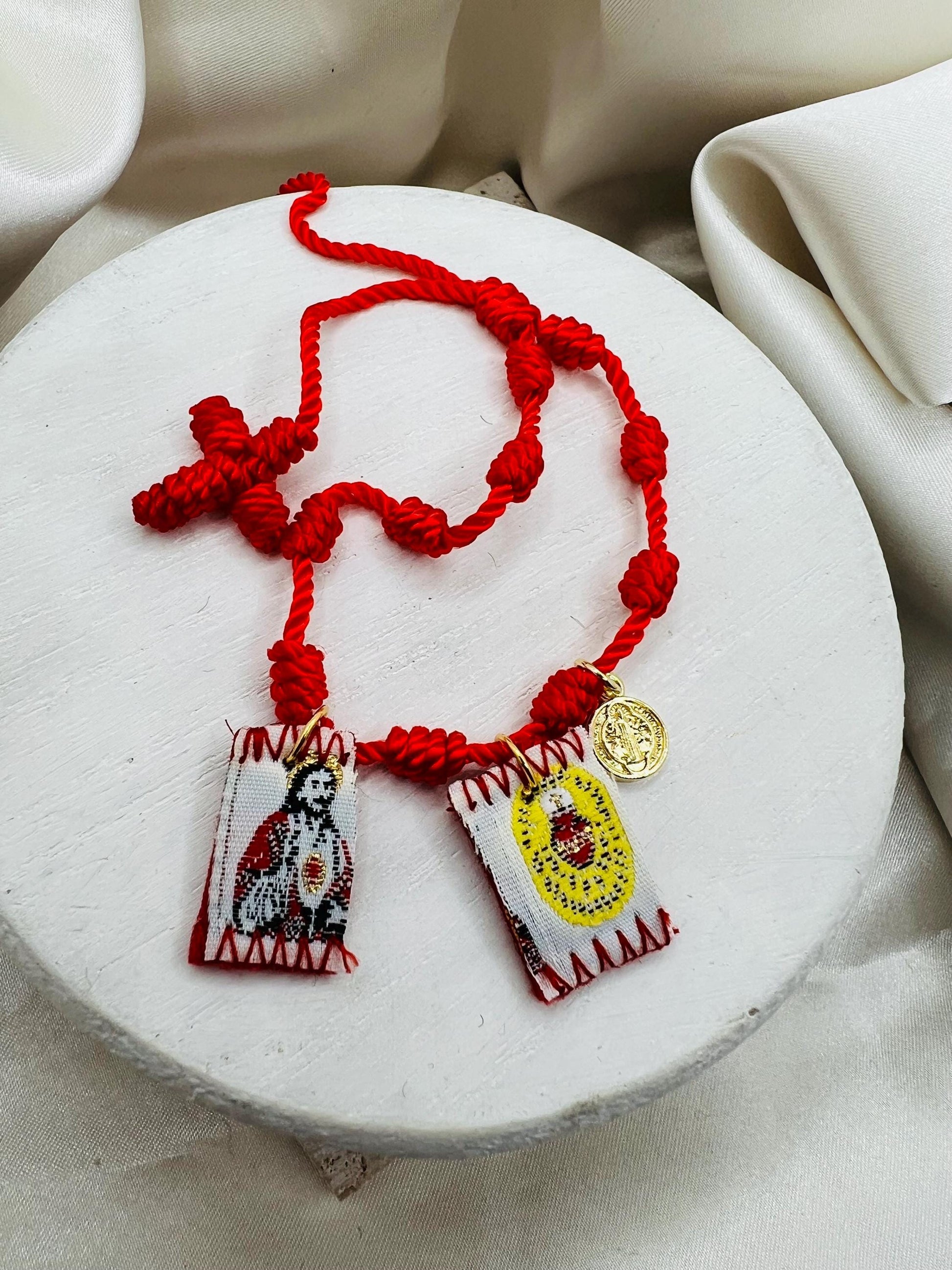 Red 7 Knot Scapular Bracelet with St. Benedict Charm
