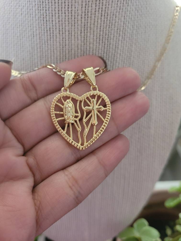 Heart Virgin Mary and cross pendant necklace