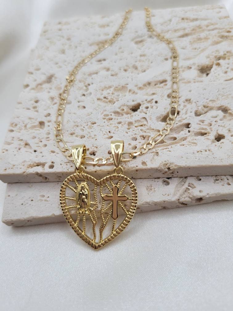 Heart Virgin Mary and cross pendant necklace