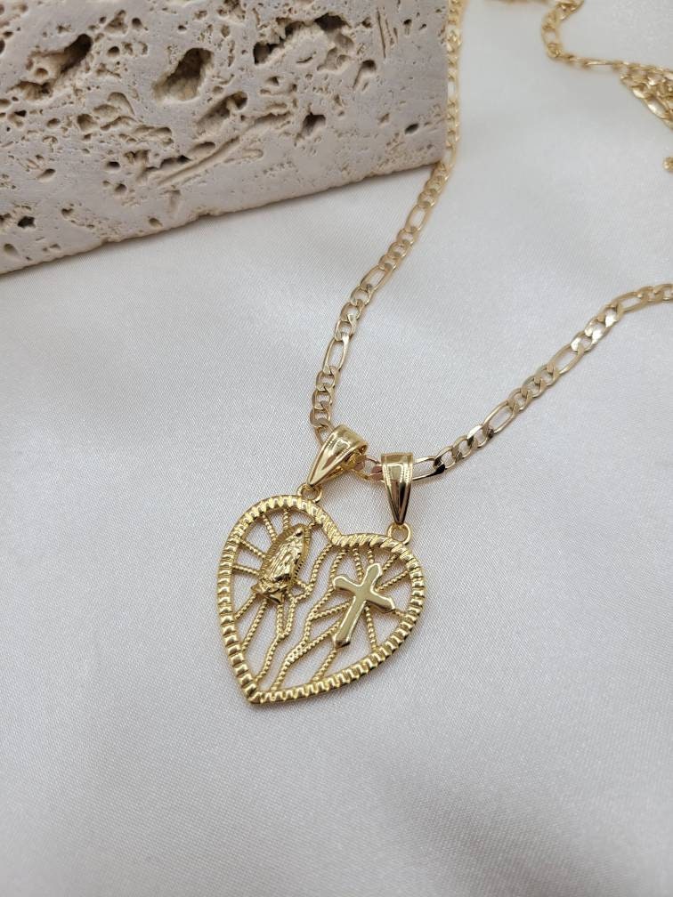Heart Virgin Mary and cross pendant necklace
