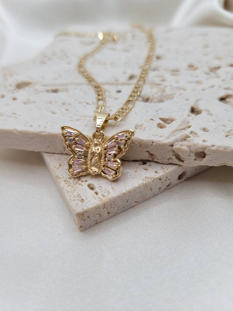 Pink Virgen Monarch charm necklace
