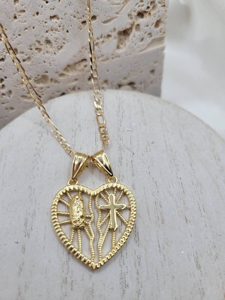 Heart Virgin Mary and cross pendant necklace
