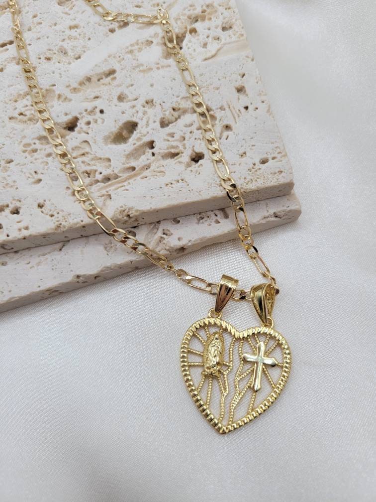 Heart Virgin Mary and cross pendant necklace