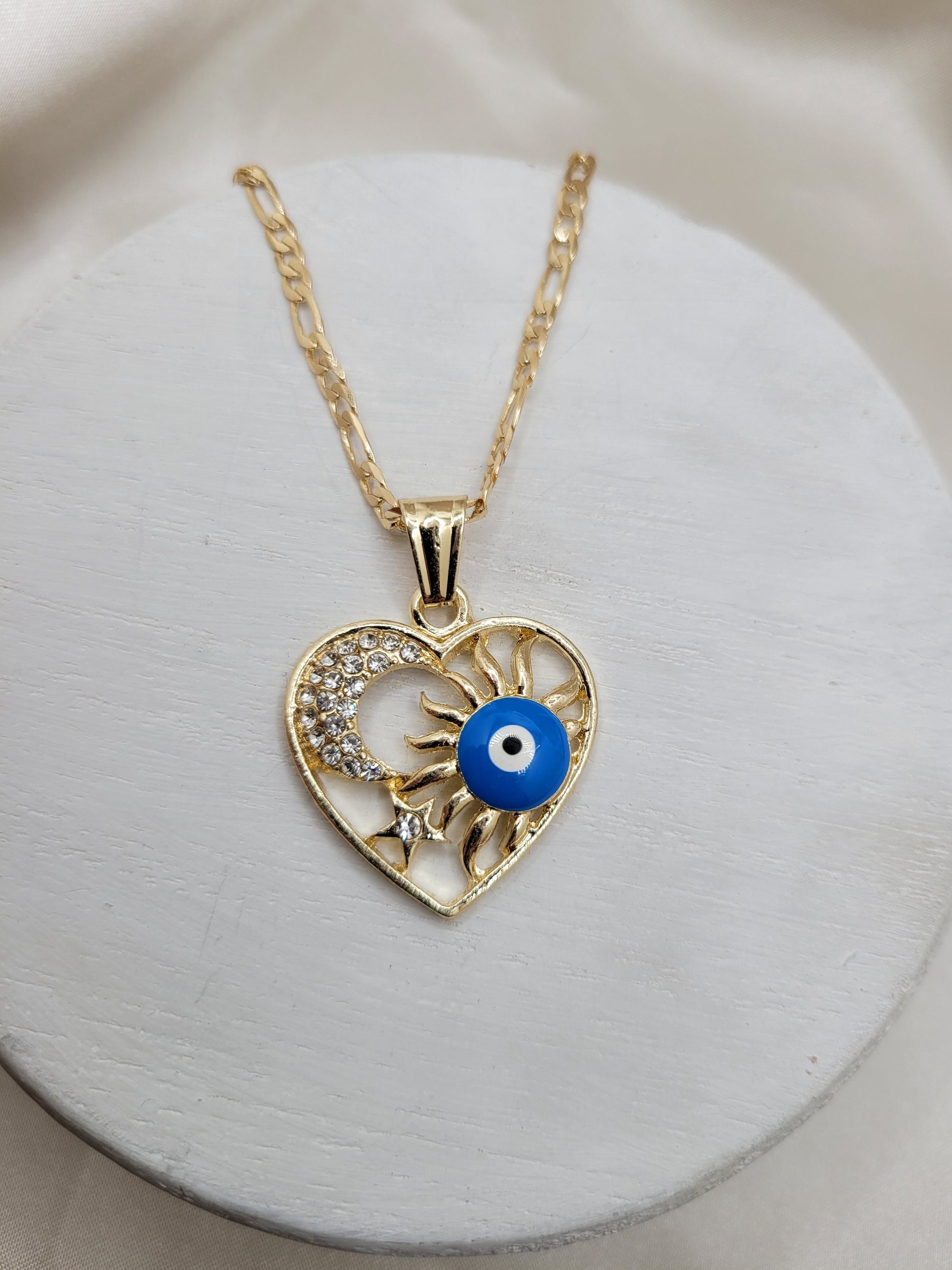 Evil Eye Heart, Sun eye, Moon pendant necklace
