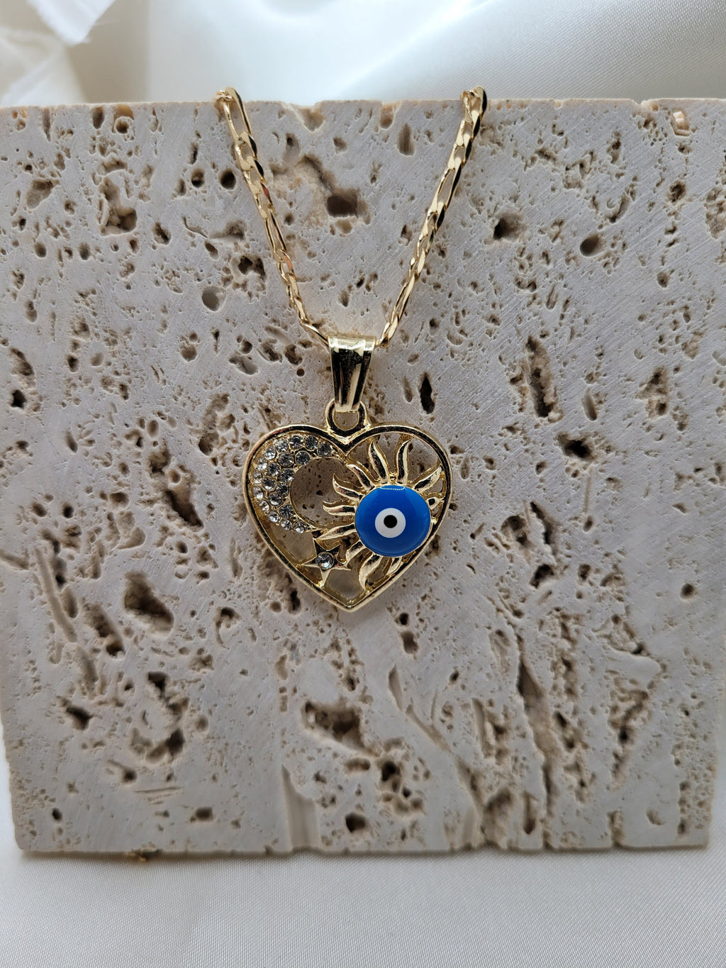 Evil Eye Heart, Sun eye, Moon pendant necklace