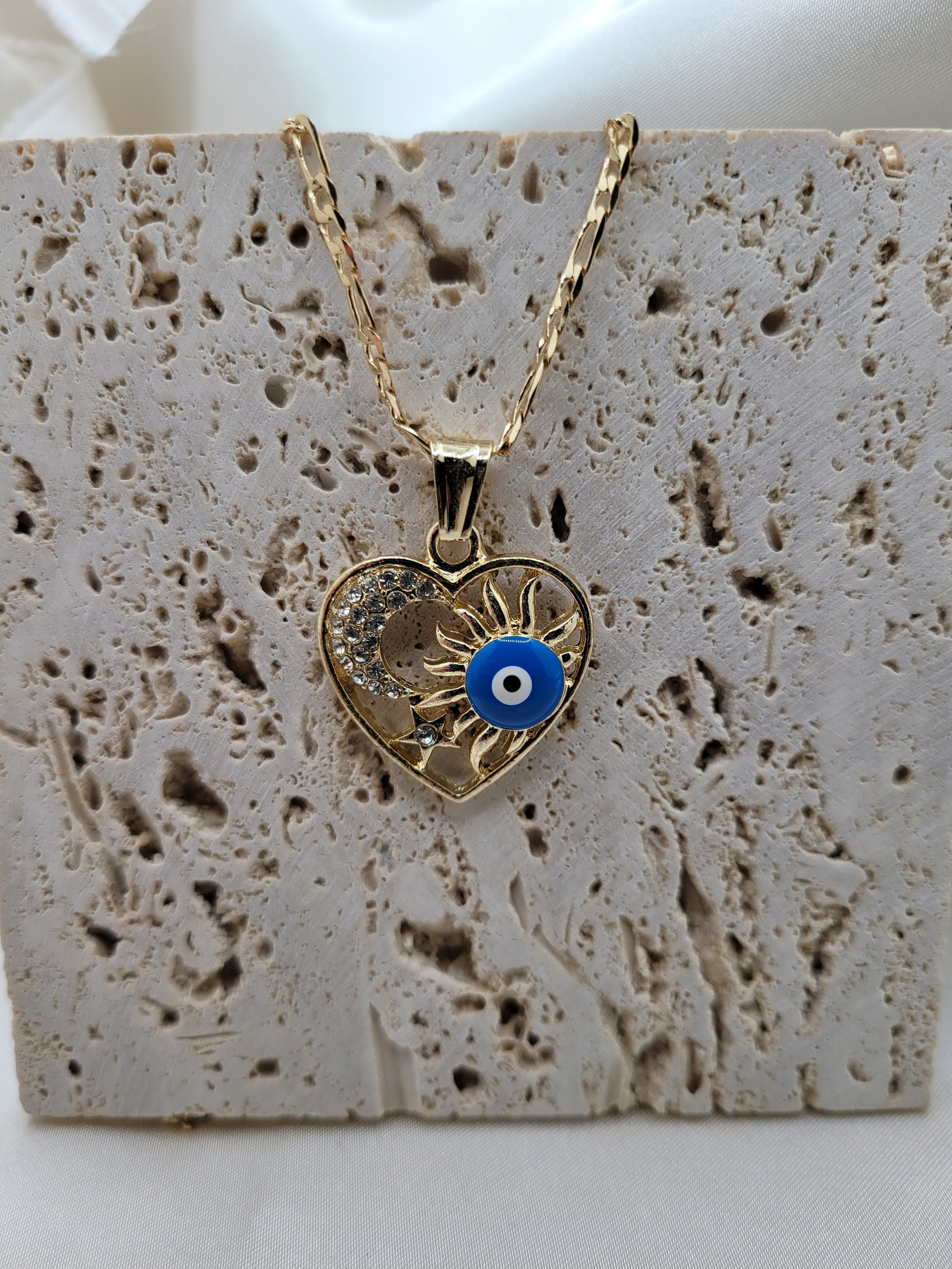 Evil Eye Heart, Sun eye, Moon pendant necklace