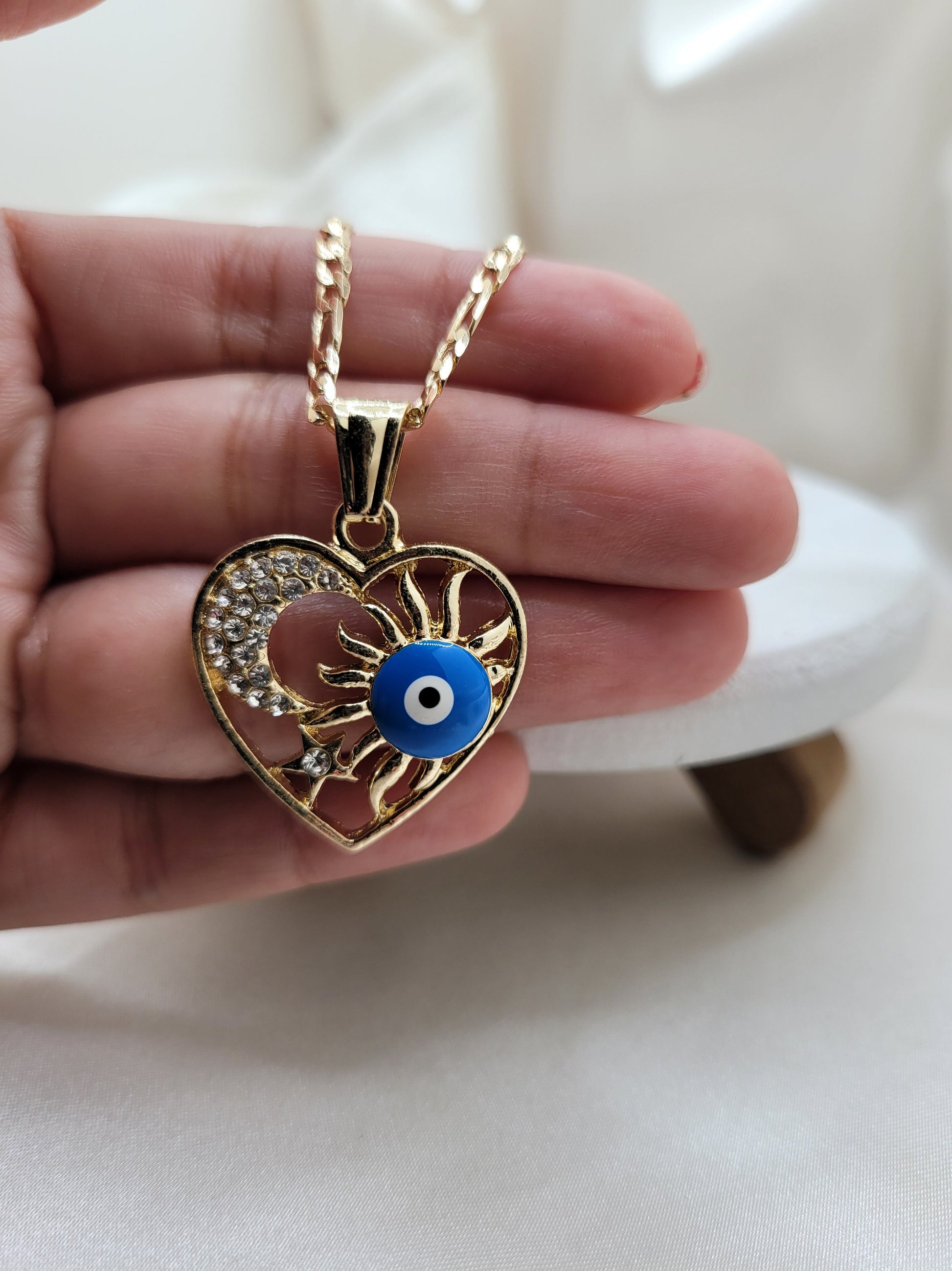 Evil Eye Heart, Sun eye, Moon pendant necklace