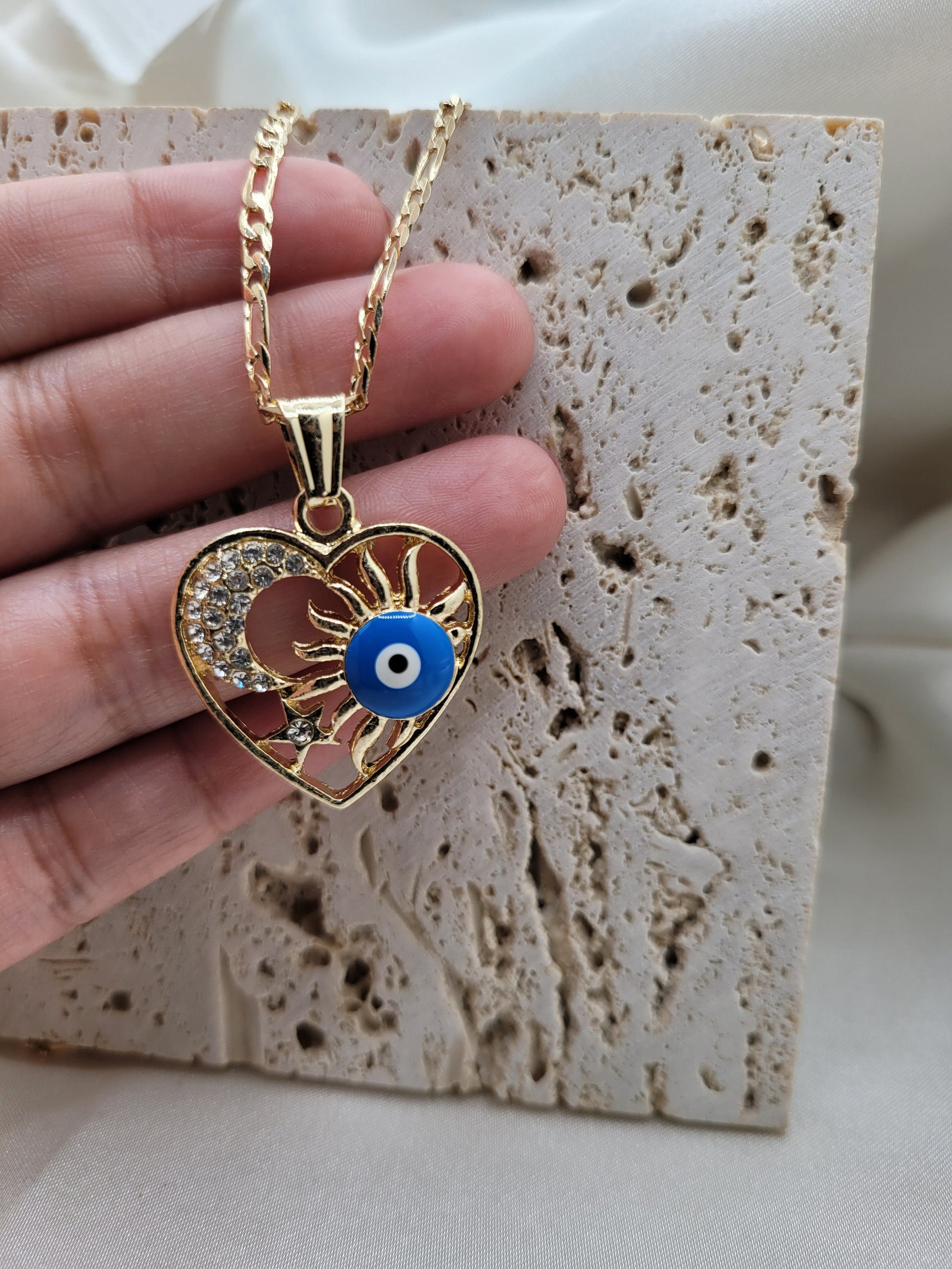 Evil Eye Heart, Sun eye, Moon pendant necklace