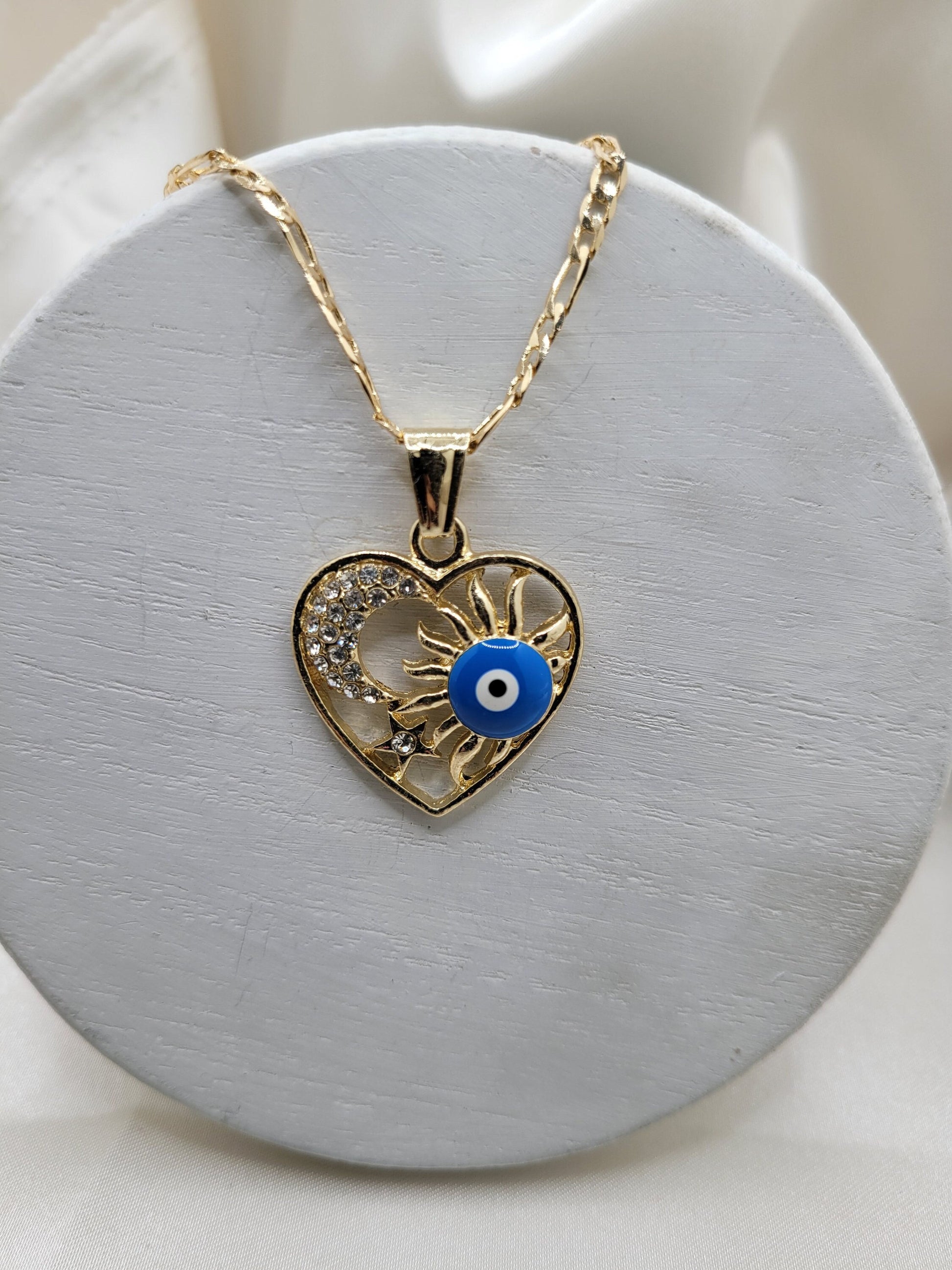 Evil Eye Heart, Sun eye, Moon pendant necklace