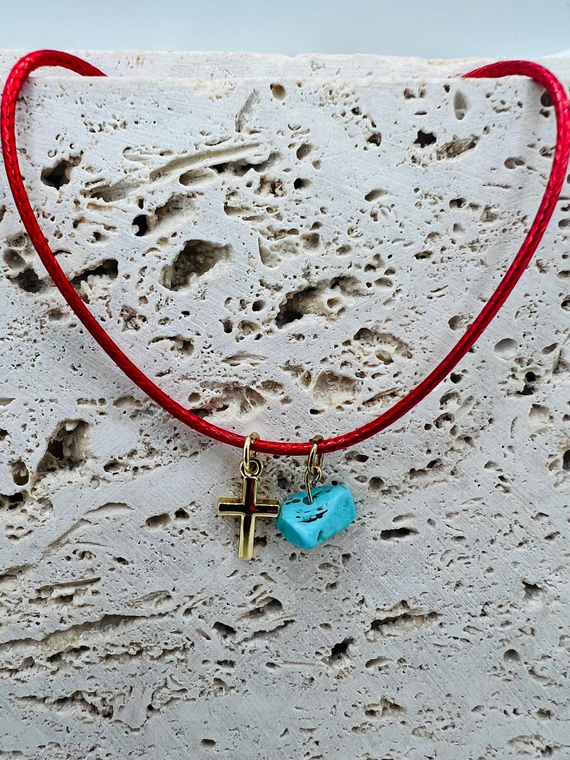 Red cord necklace, mini cross, turquoise crystal charm