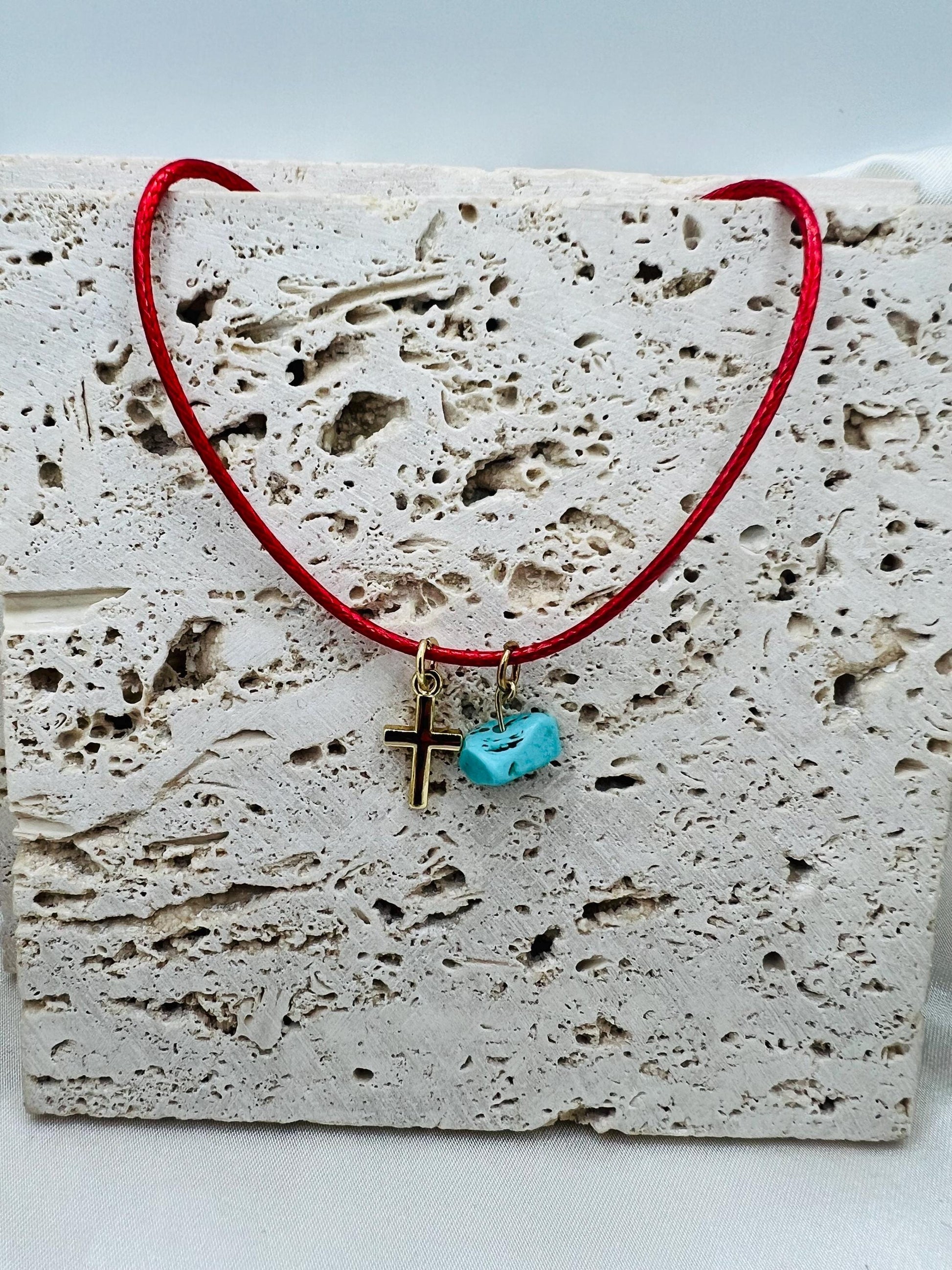 Red cord necklace, mini cross, turquoise crystal charm