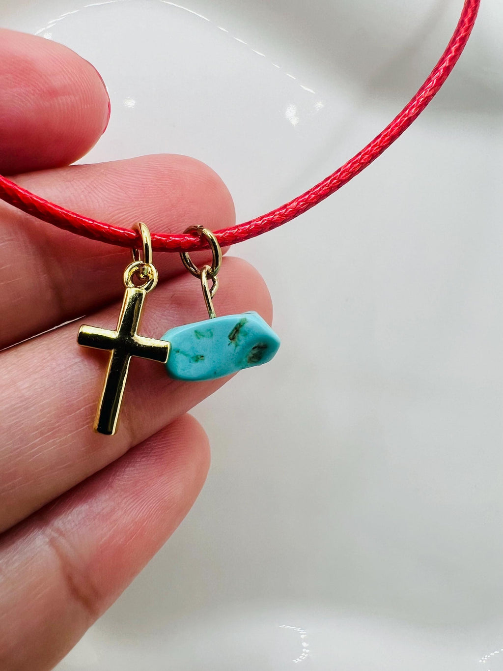 Red cord necklace, mini cross, turquoise crystal charm