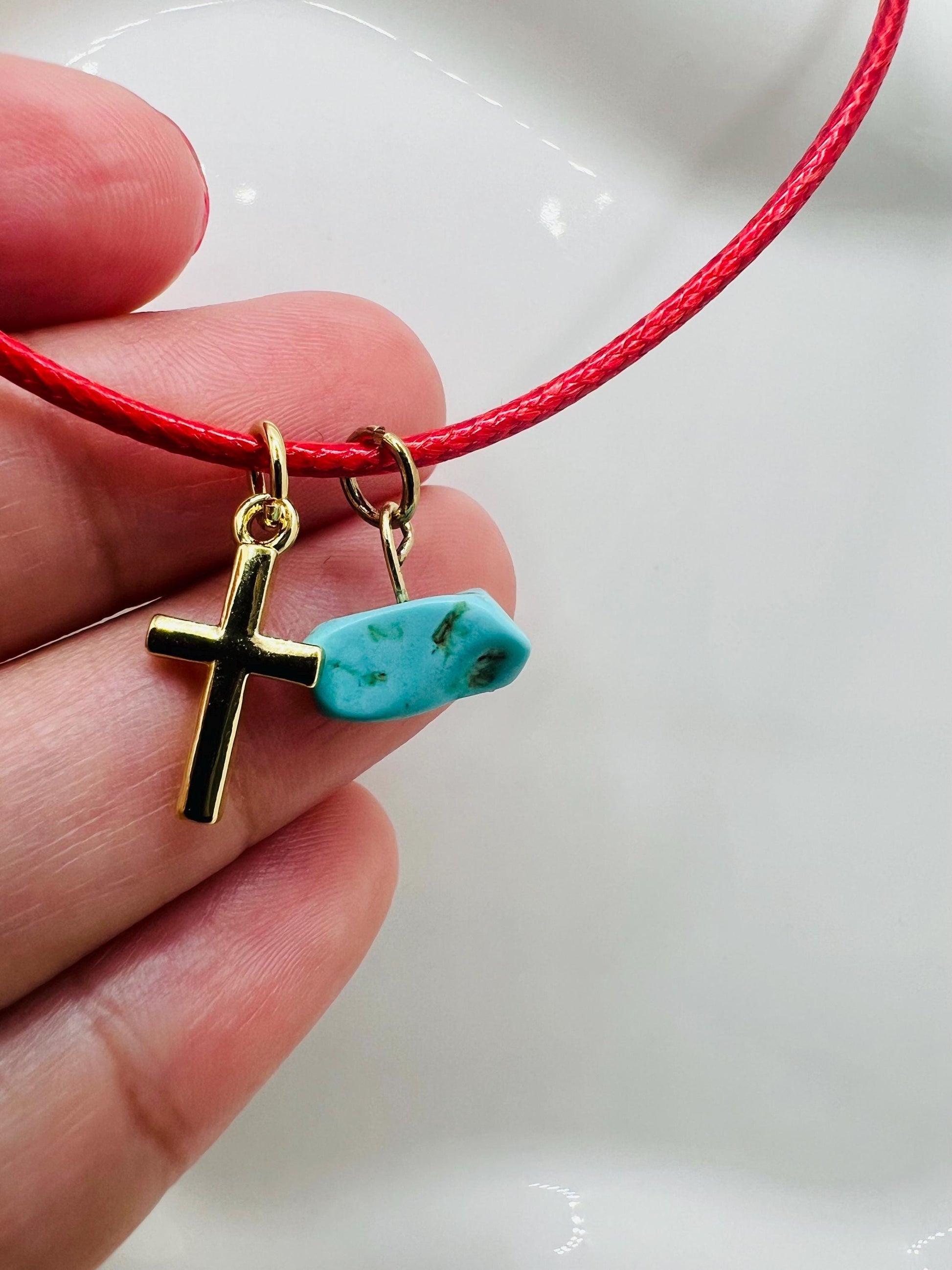 Red cord necklace, mini cross, turquoise crystal charm
