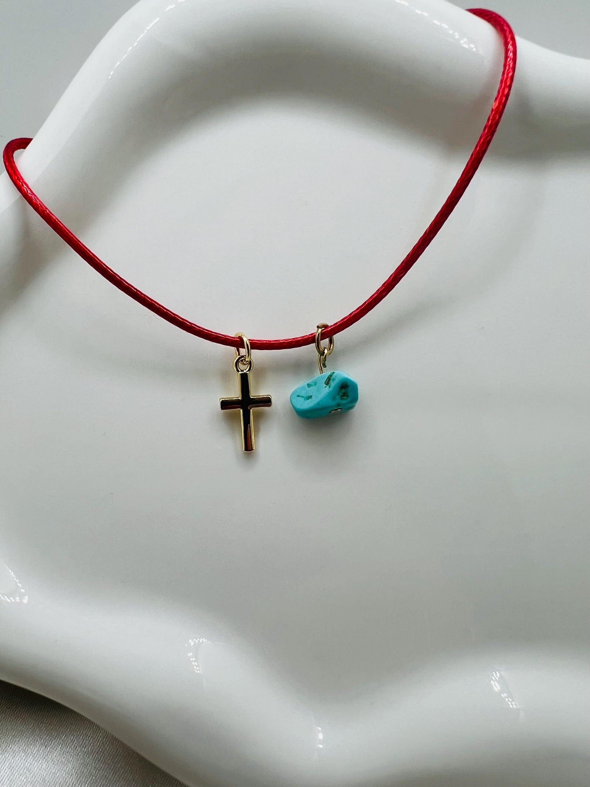 Red cord necklace, mini cross, turquoise crystal charm