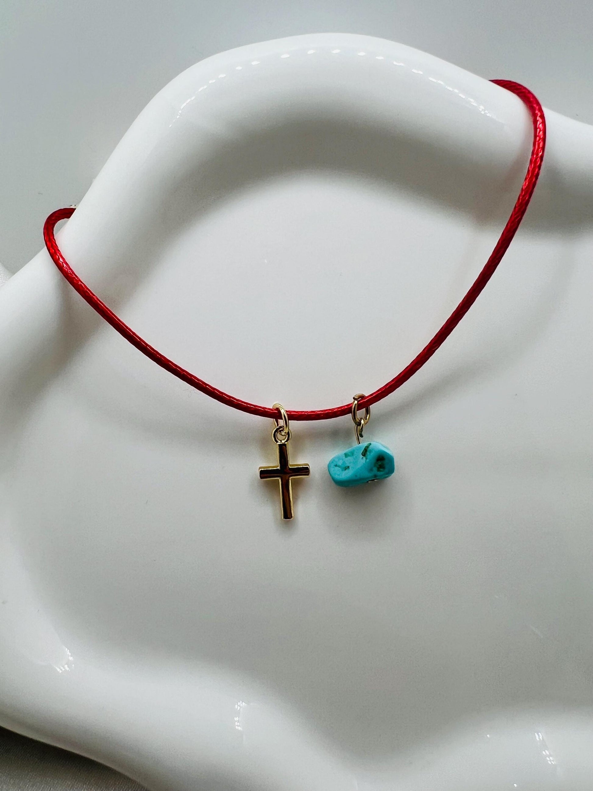 Red cord necklace, mini cross, turquoise crystal charm